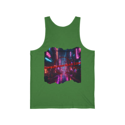 2-sided, cypherpunkgear.com Logo & Cityscape Unisex Jersey Tank Top by cypherpunkgear.com