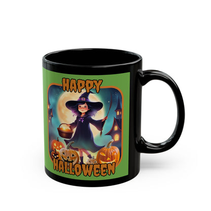 Happy Halloween Little Witch Orange font Green Mug by CreepyCrafts.boo