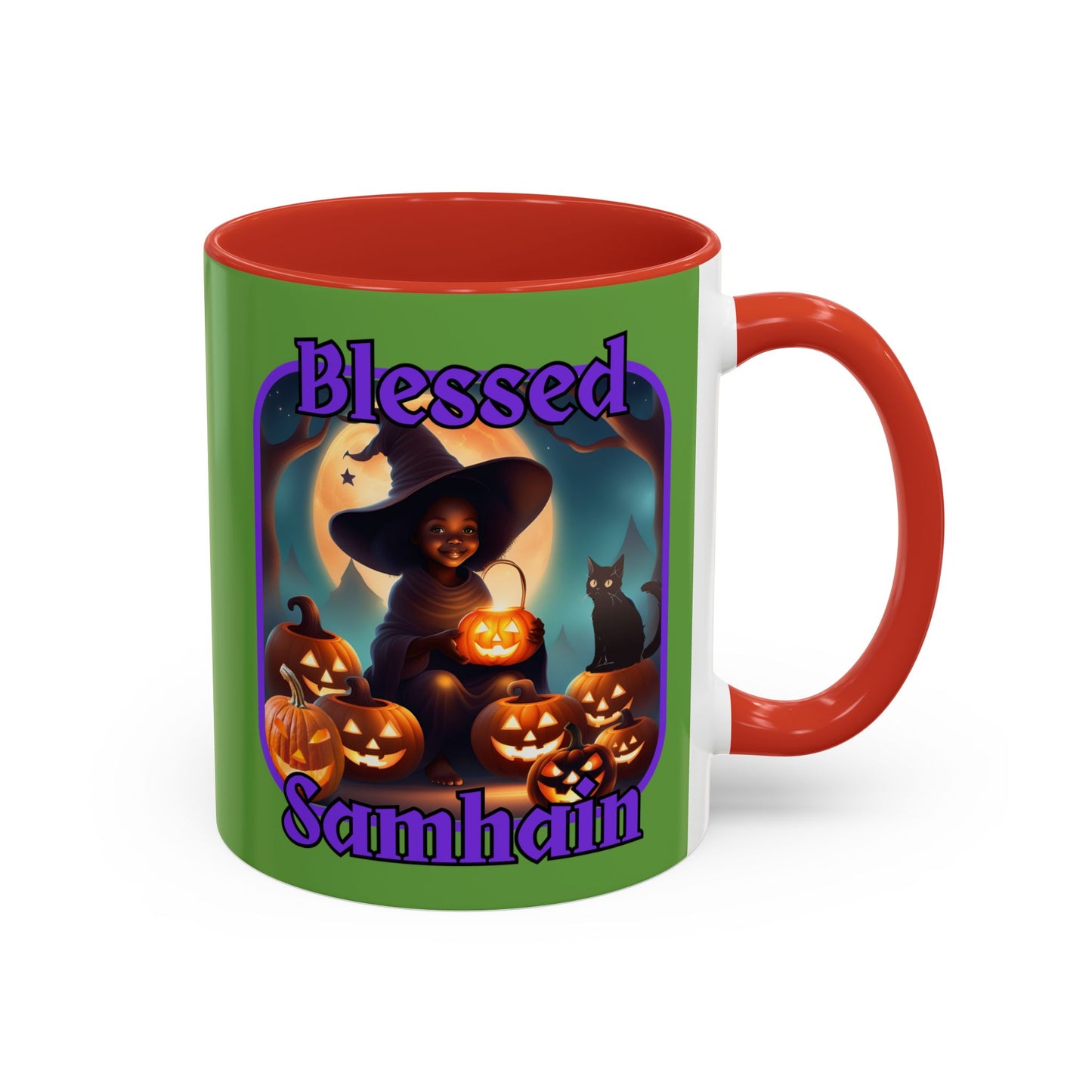 Blessed Samhain Cute Witch Purple font Green Accent Mug by CreepyCrafts.boo