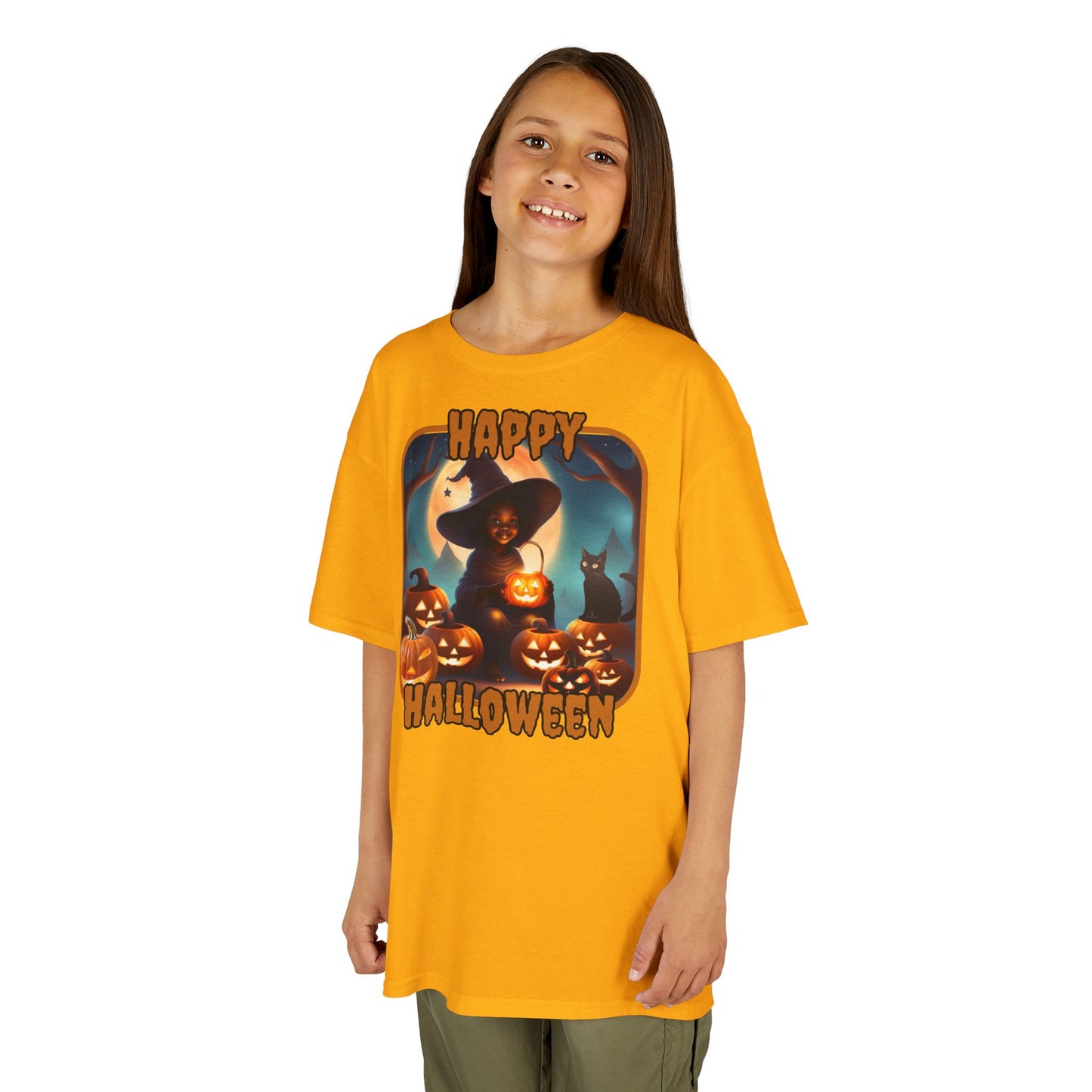 Happy Halloween Cute Witch Orange font Kids Heavy Cotton™ Tee by CreepyCrafts.boo