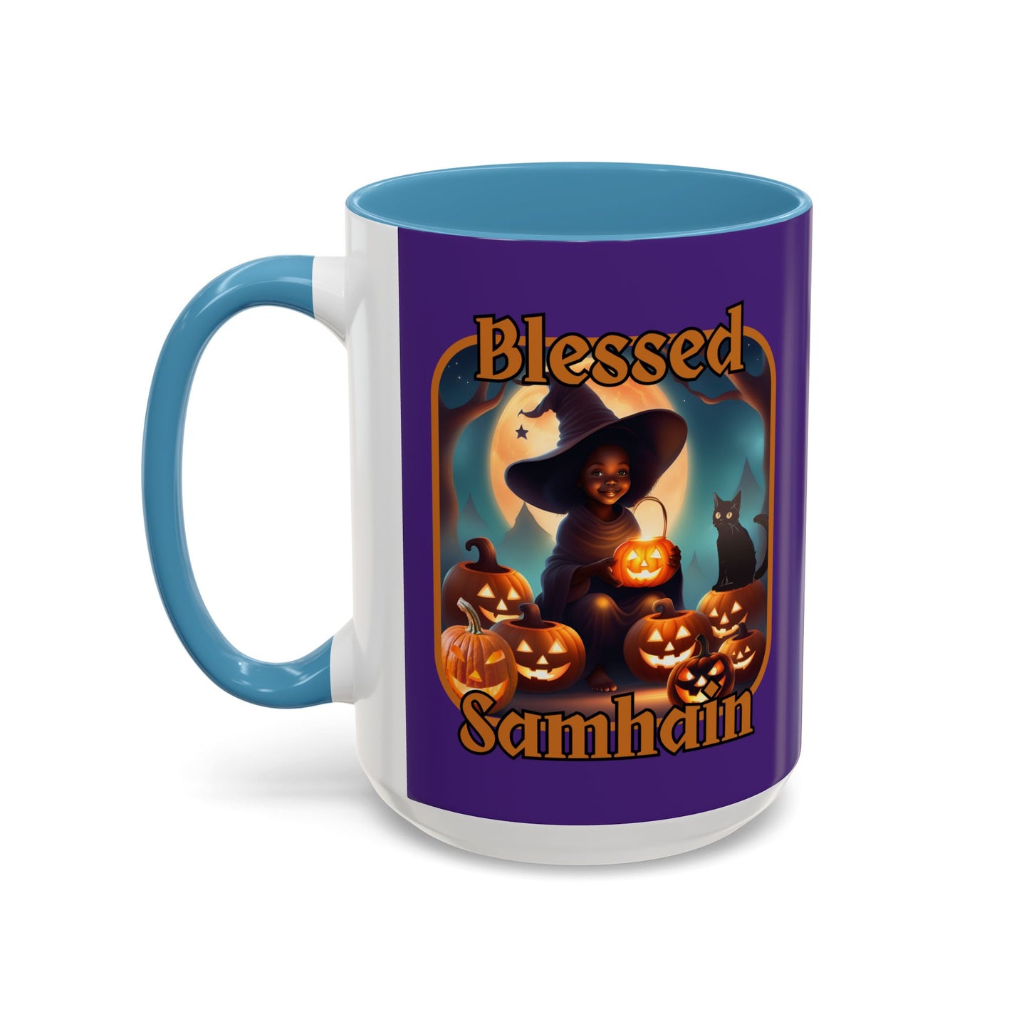 Blessed Samhain Cute Witch Orange font Purple Accent Mug by CreepyCrafts.boo