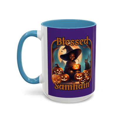 Blessed Samhain Cute Witch Orange font Purple Accent Mug by CreepyCrafts.boo