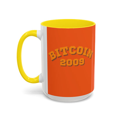 Bitcoin 2009 Orange Accent Mug by cypherpunkgear.com