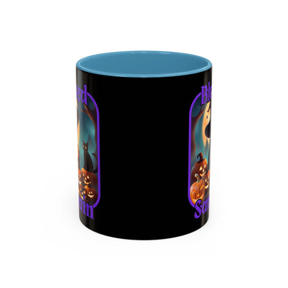 Blessed Samhain Cute Witch Purple font Black Accent Mug by CreepyCrafts.boo