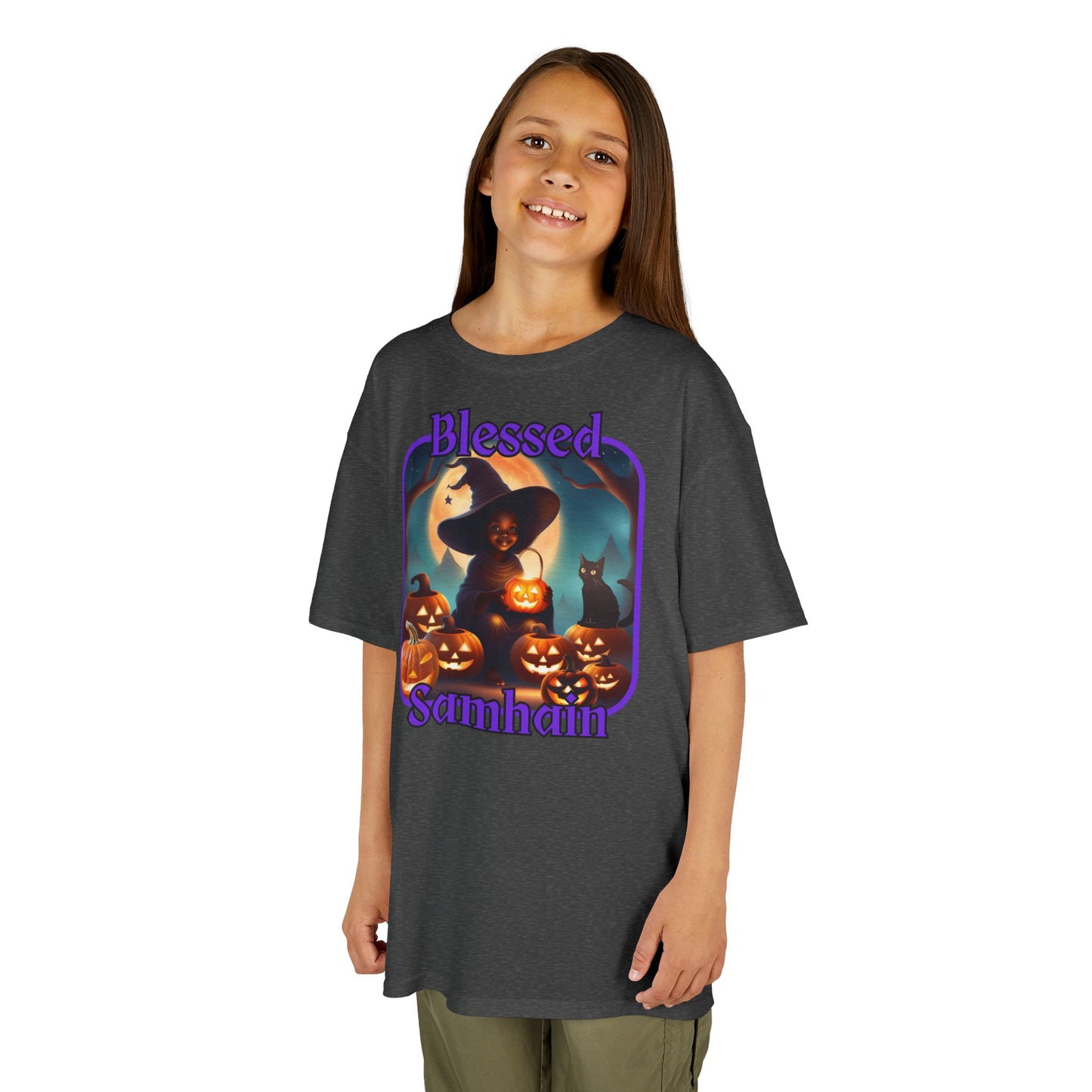 Blessed Samhain Cute Witch Purple font Kids Heavy Cotton™ Tee by CreepyCrafts.boo