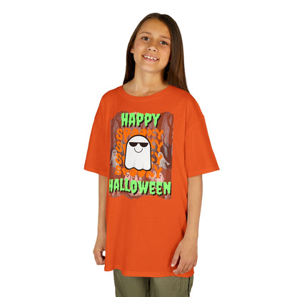 Spooky Happy Halloween Ghost Green font Kids Heavy Cotton™ Tee by CreepyCrafts.boo
