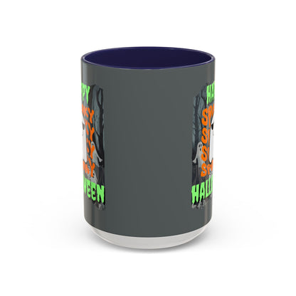 Spooky Happy Halloween Ghost Green font Grey Accent Mug by CreepyCrafts.boo