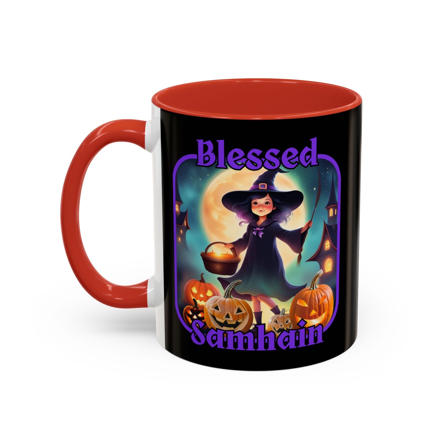 Blessed Samhain Little Witch Purple font Black Accent Mug by CreepyCrafts.boo