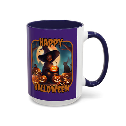 Happy Halloween Cute Witch Orange font Purple Accent Mug by CreepyCrafts.boo