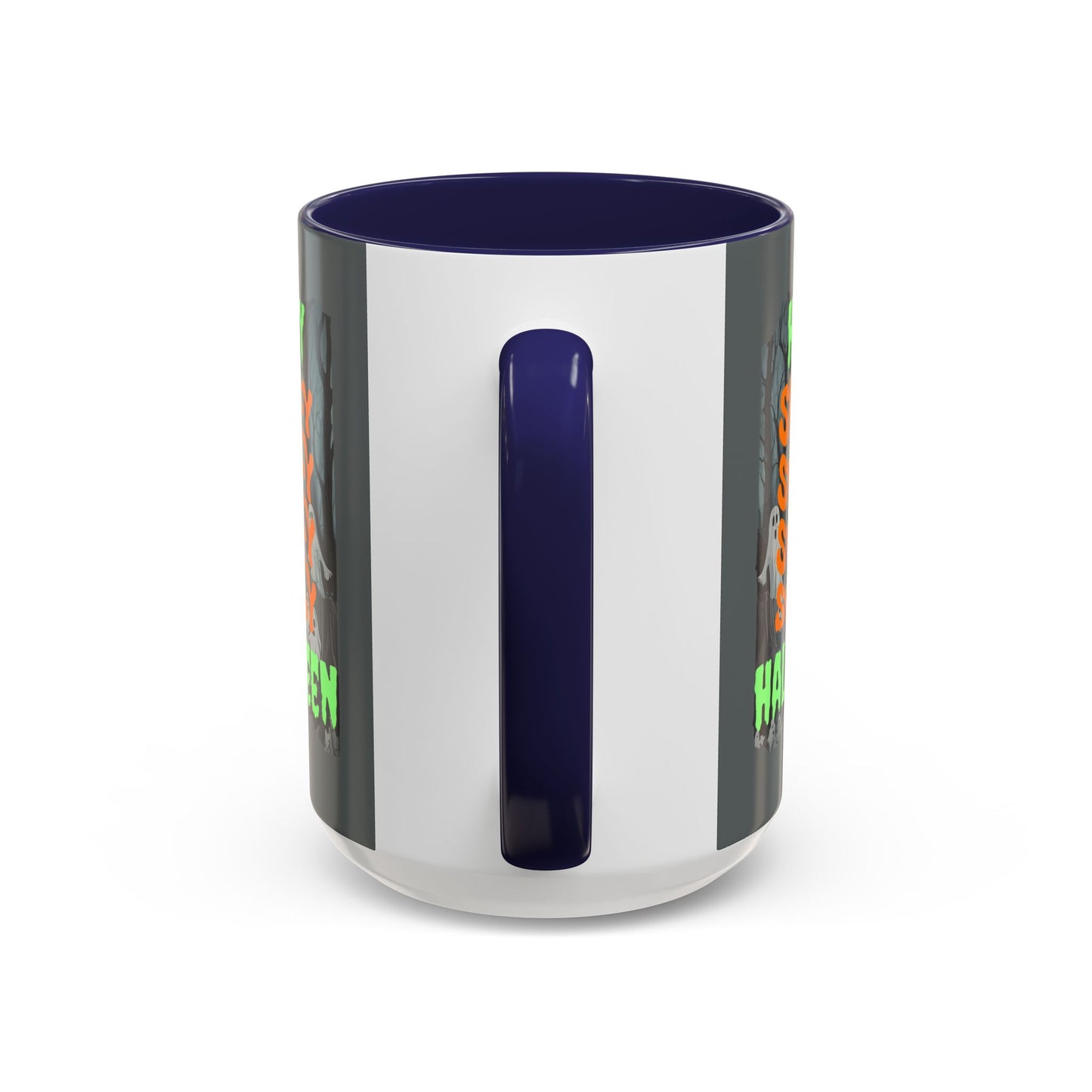 Spooky Happy Halloween Ghost Green font Grey Accent Mug by CreepyCrafts.boo