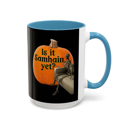 Is It Samhain Yet? Skeleton's Giant Pumpkin Black Accent Mug by CreepyCrafts.boo
