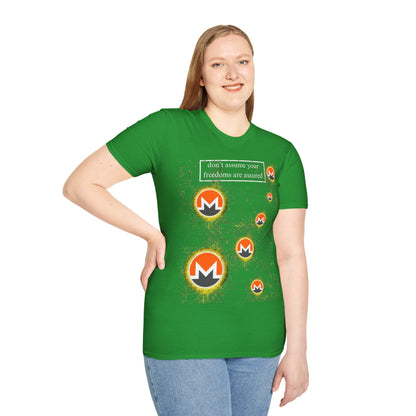 Monero (XMR) don't assume your freedoms are assured Dark colors Unisex T-Shirt by cypherpunkgear.com