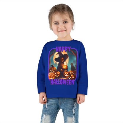 Happy Halloween Cute Witch Purple font Toddler Long Sleeve Tee by CreepyCrafts.boo