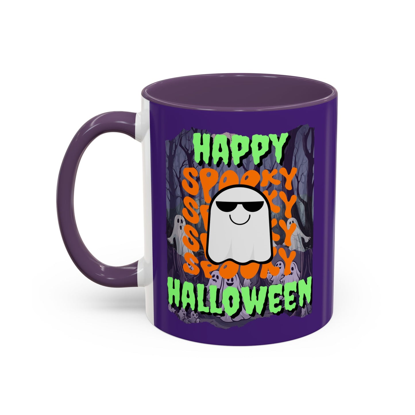 Spooky Happy Halloween Ghost Green font Purple Accent Mug by CreepyCrafts.boo