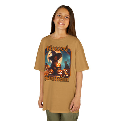Blessed Samhain Cute Witch Orange font Kids Heavy Cotton™ Tee by CreepyCrafts.boo