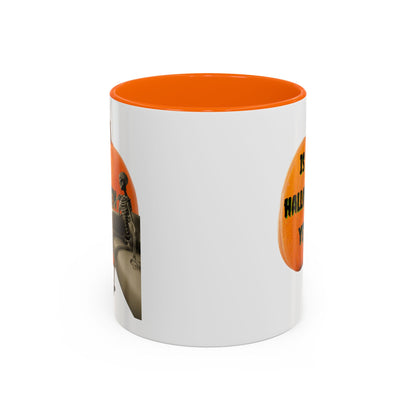 Is it Halloween yet? Skeleton's Giant Pumpkin White Accent Mug by CreepyCrafts.boo