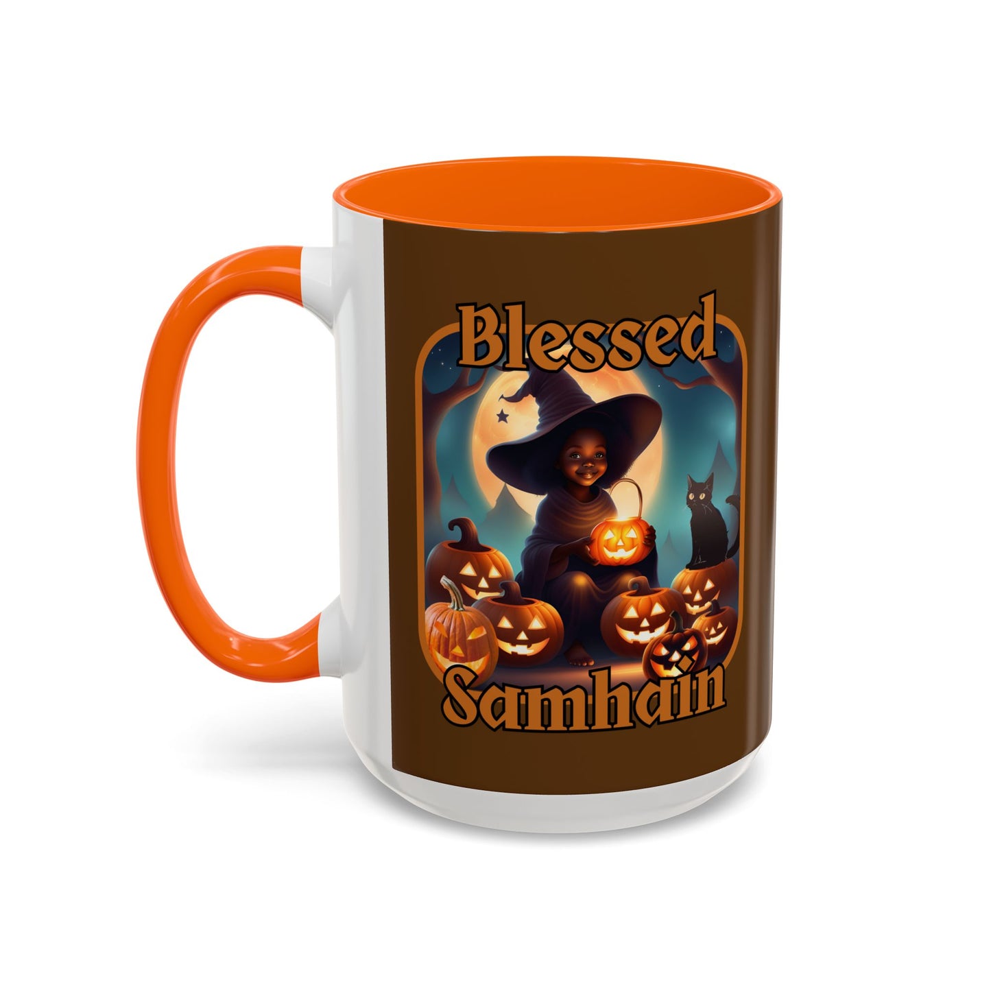 Blessed Samhain Cute Witch Orange font Brown Accent Mug by CreepyCrafts.boo