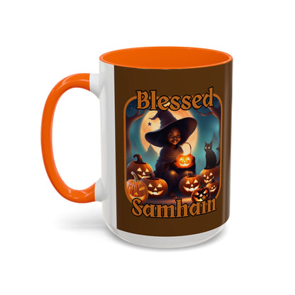 Blessed Samhain Cute Witch Orange font Brown Accent Mug by CreepyCrafts.boo