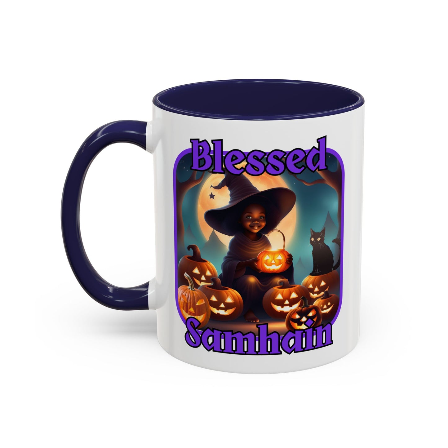 Blessed Samhain Cute Witch Purple font White Accent Mug by CreepyCrafts.boo
