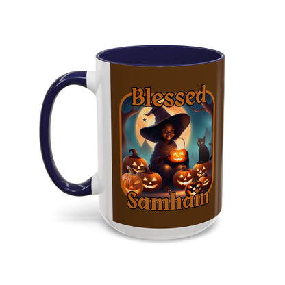 Blessed Samhain Cute Witch Orange font Brown Accent Mug by CreepyCrafts.boo