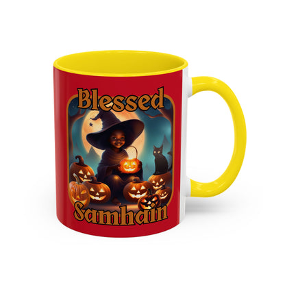 Blessed Samhain Cute Witch Orange font Red Accent Mug by CreepyCrafts.boo