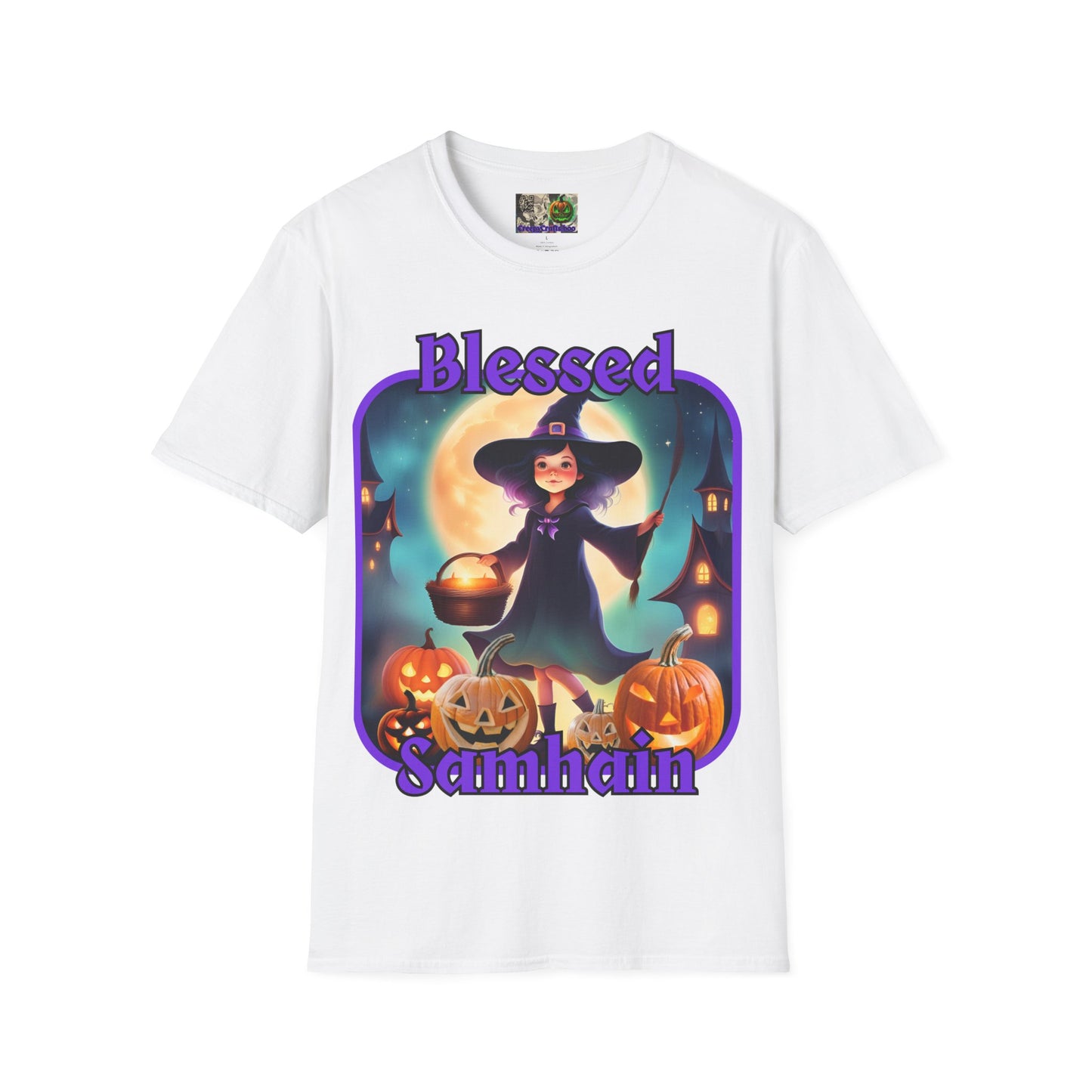 Blessed Samhain Little Witch Purple font Light colors Unisex T-Shirt by CreepyCrafts.boo