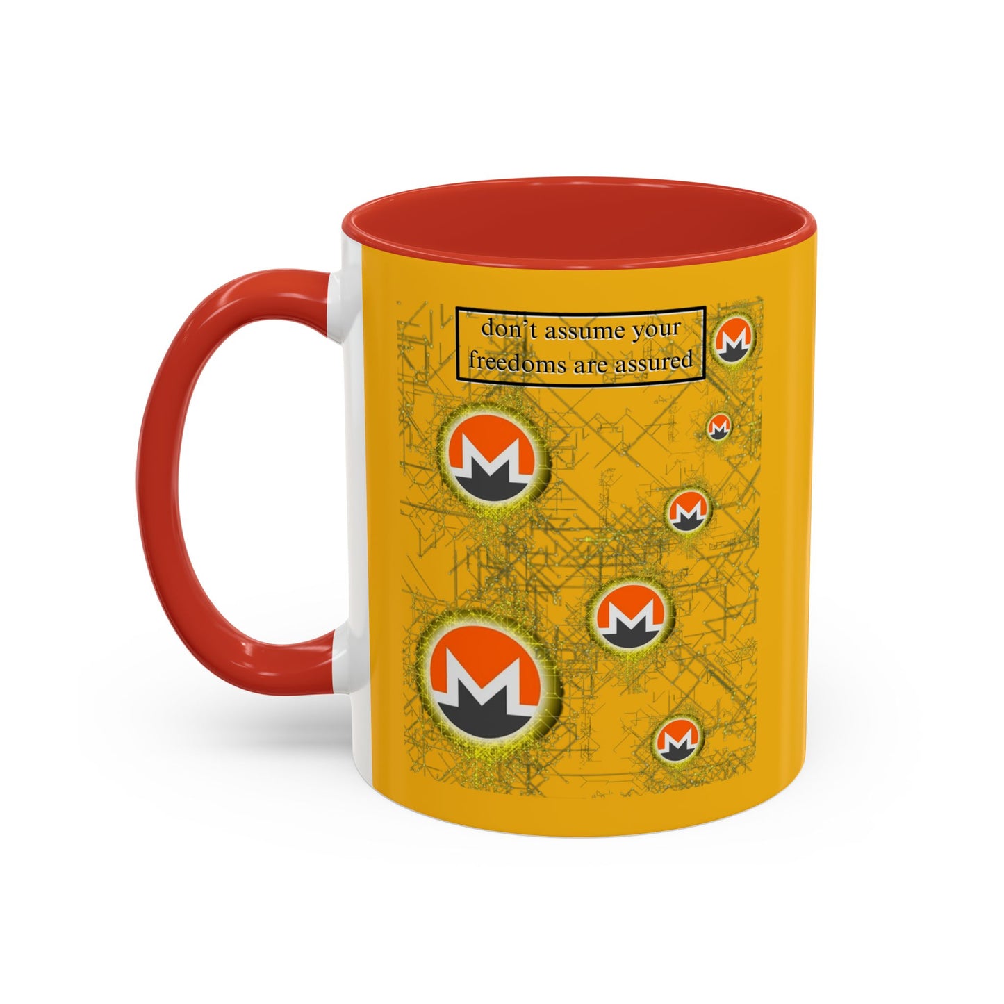 Monero (XMR) don't assume your freedoms are assured Yellow Accent Mug by cypherpunkgear.com
