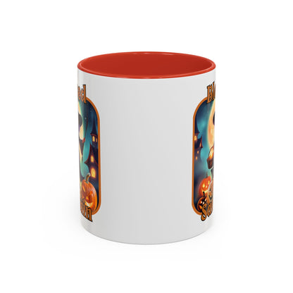 Blessed Samhain Little Witch Orange font White Accent Mug by CreepyCrafts.boo