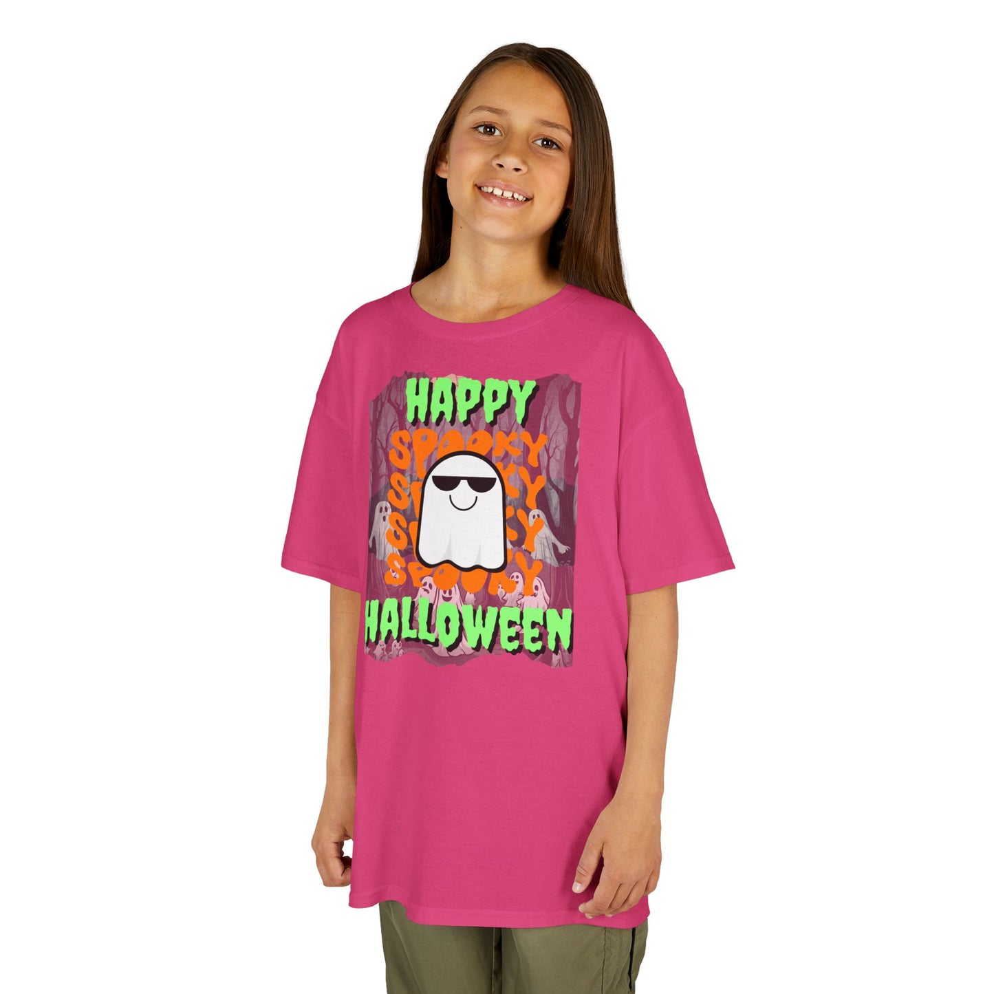 Spooky Happy Halloween Ghost Green font Kids Heavy Cotton™ Tee by CreepyCrafts.boo