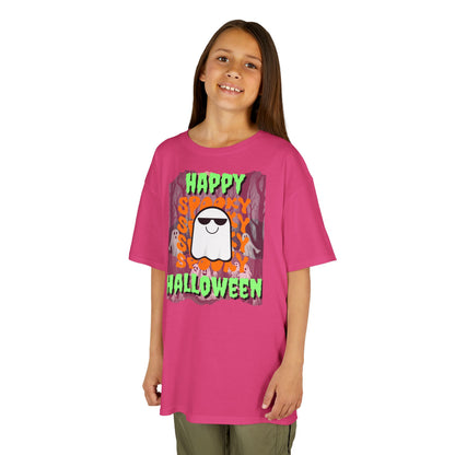 Spooky Happy Halloween Ghost Green font Kids Heavy Cotton™ Tee by CreepyCrafts.boo