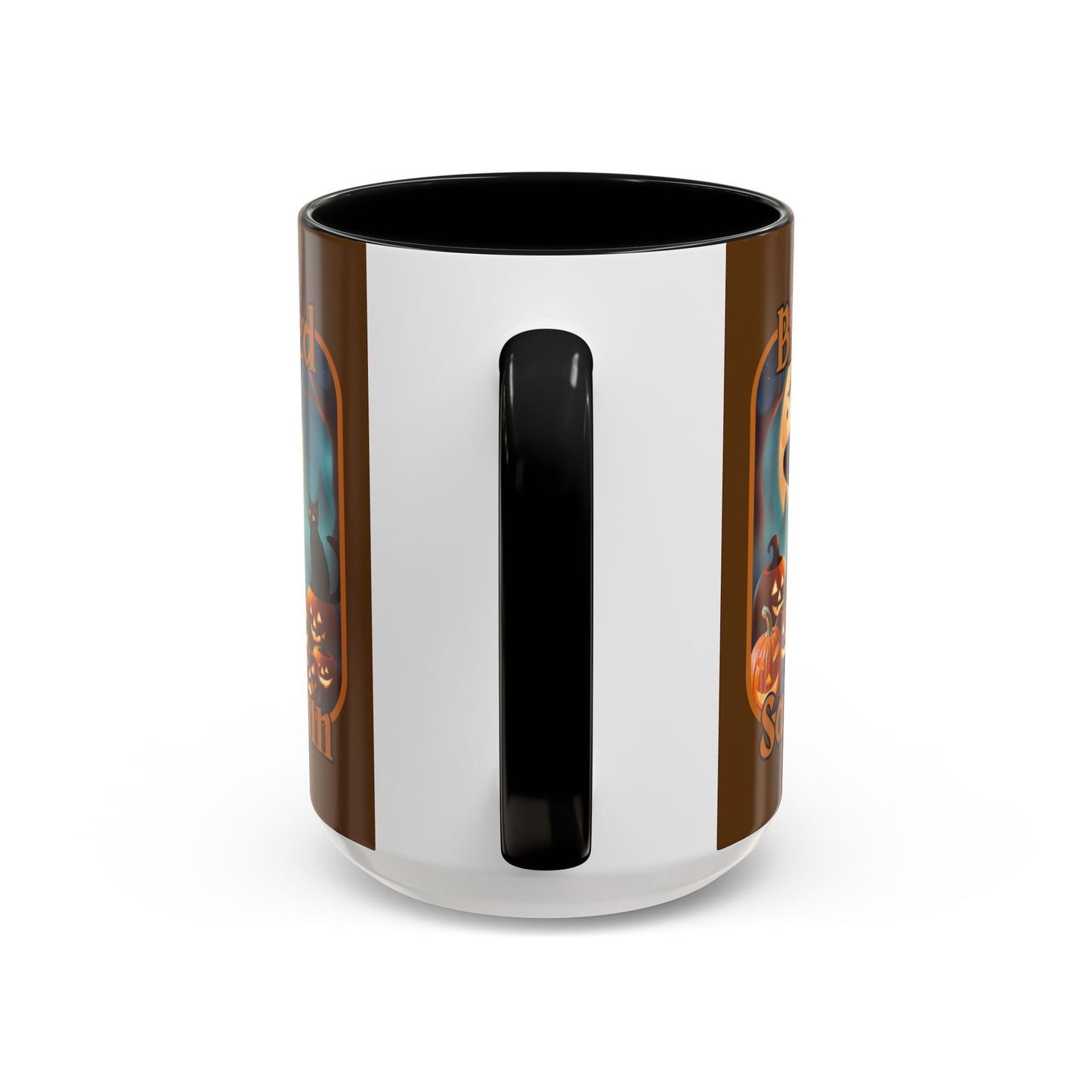 Blessed Samhain Cute Witch Orange font Brown Accent Mug by CreepyCrafts.boo