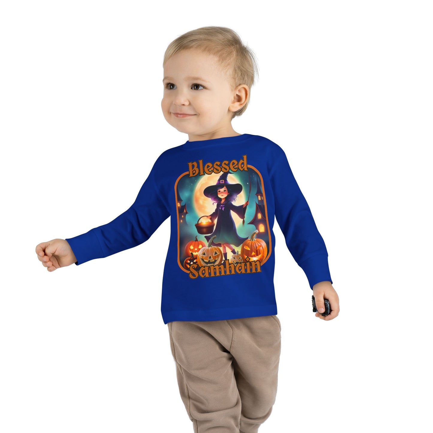 Blessed Samhain Little Witch Orange font Toddler Long Sleeve Tee by CreepyCrafts.boo
