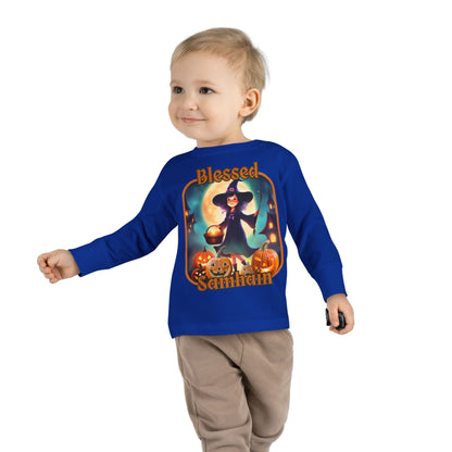 Blessed Samhain Little Witch Orange font Toddler Long Sleeve Tee by CreepyCrafts.boo
