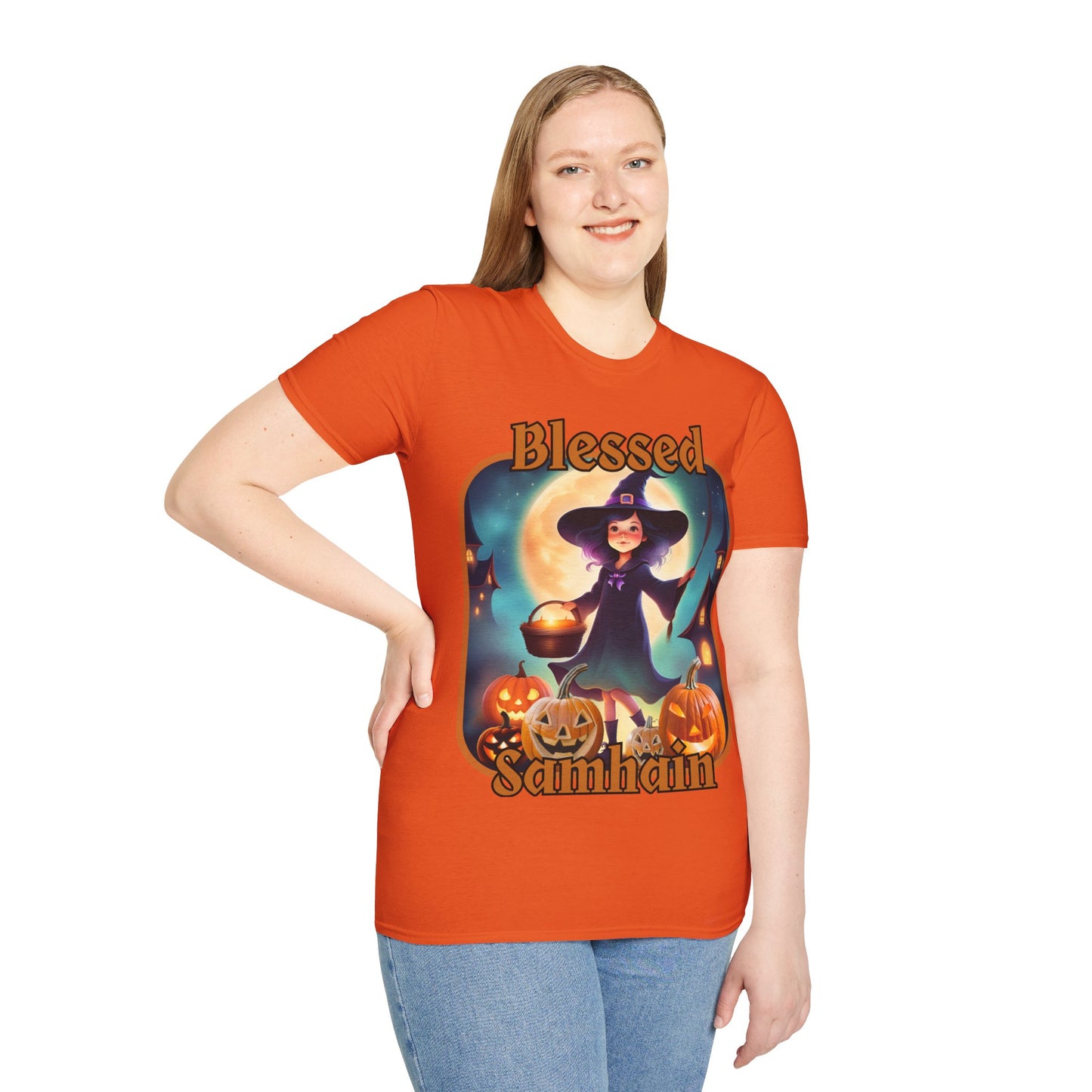 Blessed Samhain Little Witch Orange font Light colors Unisex T-Shirt by CreepyCrafts.boo