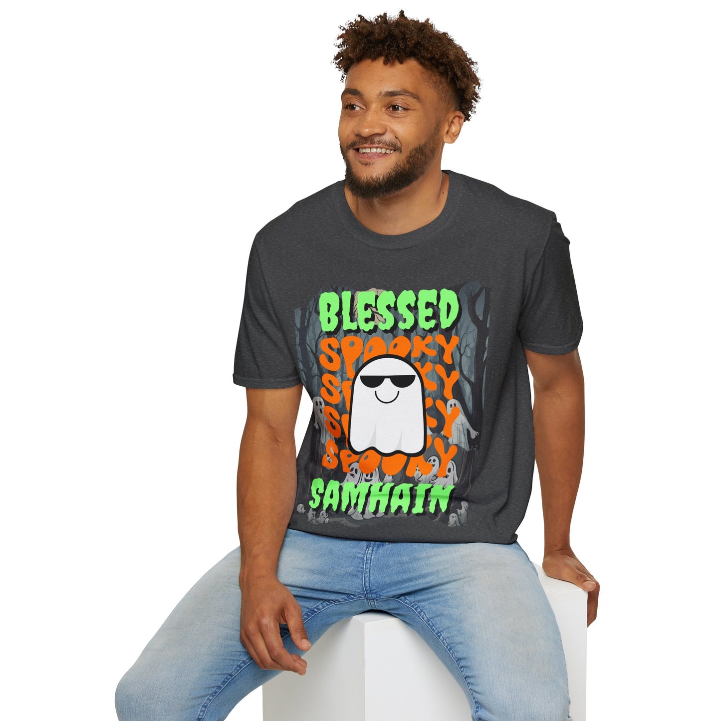 Spooky Blessed Samhain Ghost Green font Unisex T-Shirt by CreepyCrafts.boo