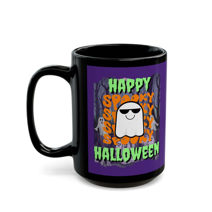 Spooky Happy Halloween Ghost Green font Purple Mug by CreepyCrafts.boo