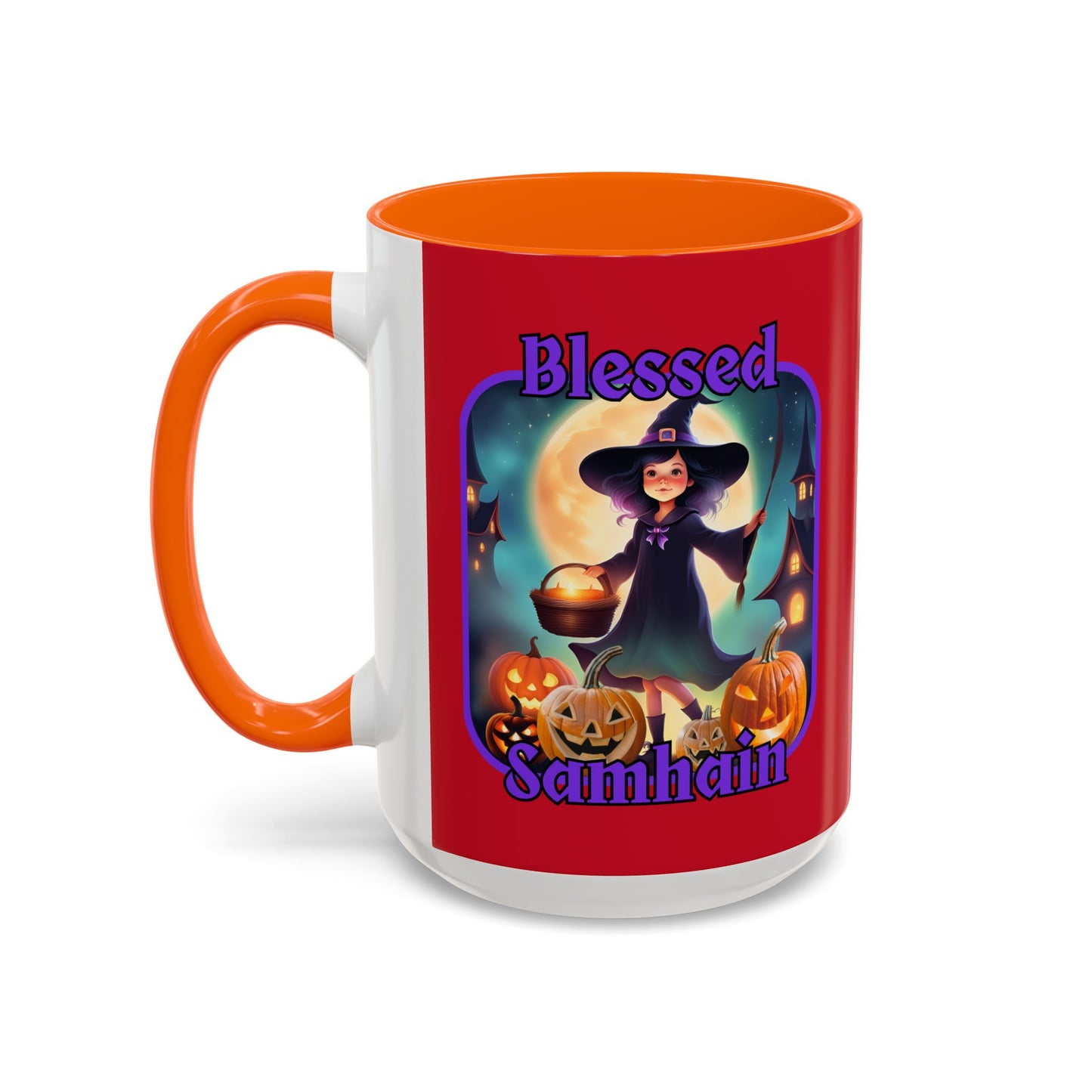 Blessed Samhain Little Witch Purple font Red Accent Mug by CreepyCrafts.boo