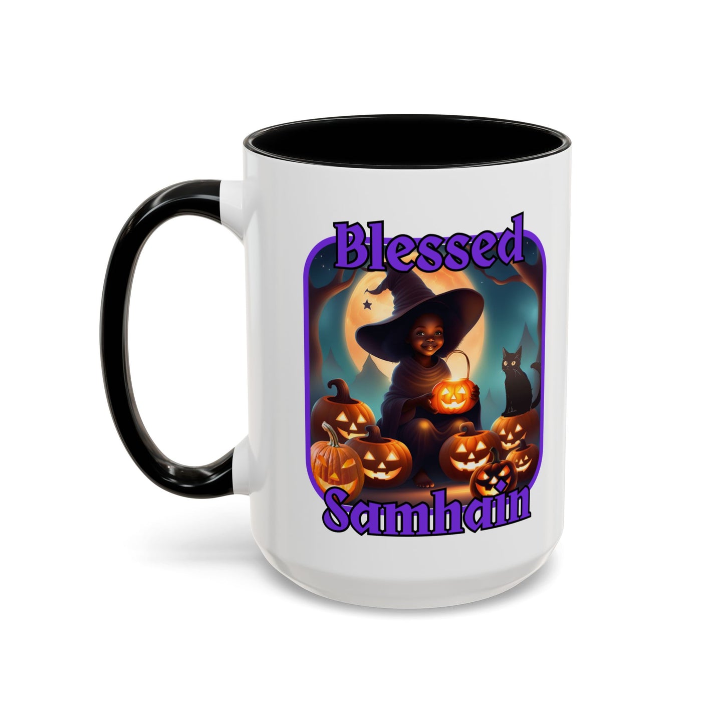Blessed Samhain Cute Witch Purple font White Accent Mug by CreepyCrafts.boo
