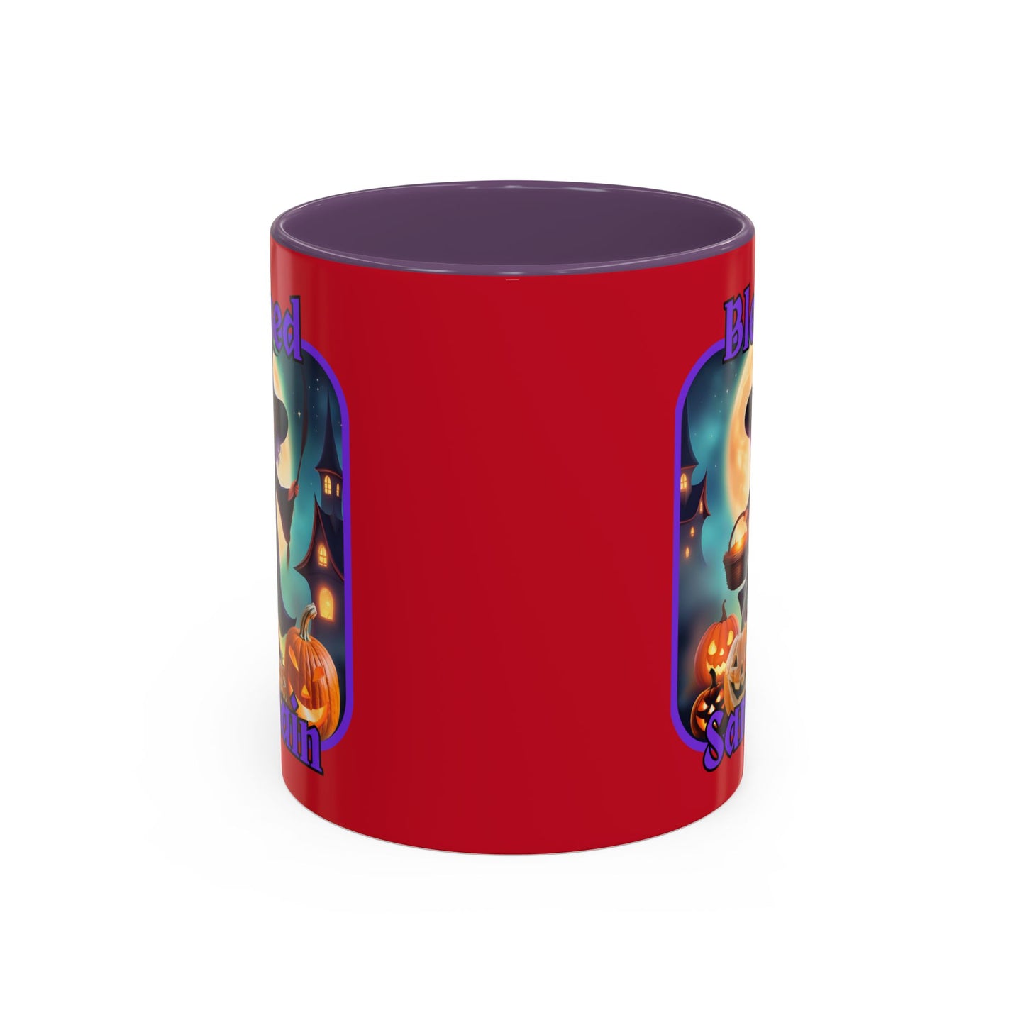 Blessed Samhain Little Witch Purple font Red Accent Mug by CreepyCrafts.boo