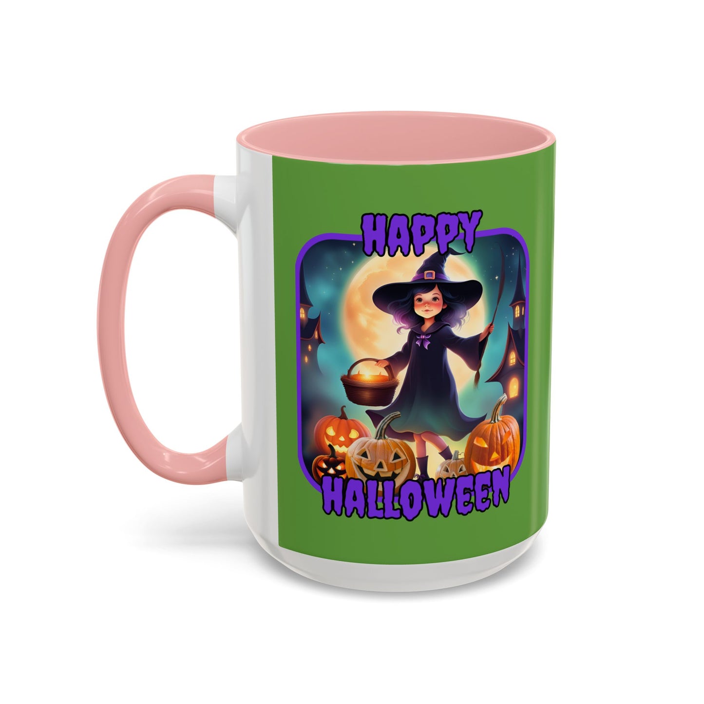 Happy Halloween Little Witch Purple font Green Accent Mug by CreepyCrafts.boo