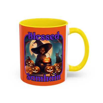 Blessed Samhain Cute Witch Purple font Orange Accent Mug by CreepyCrafts.boo