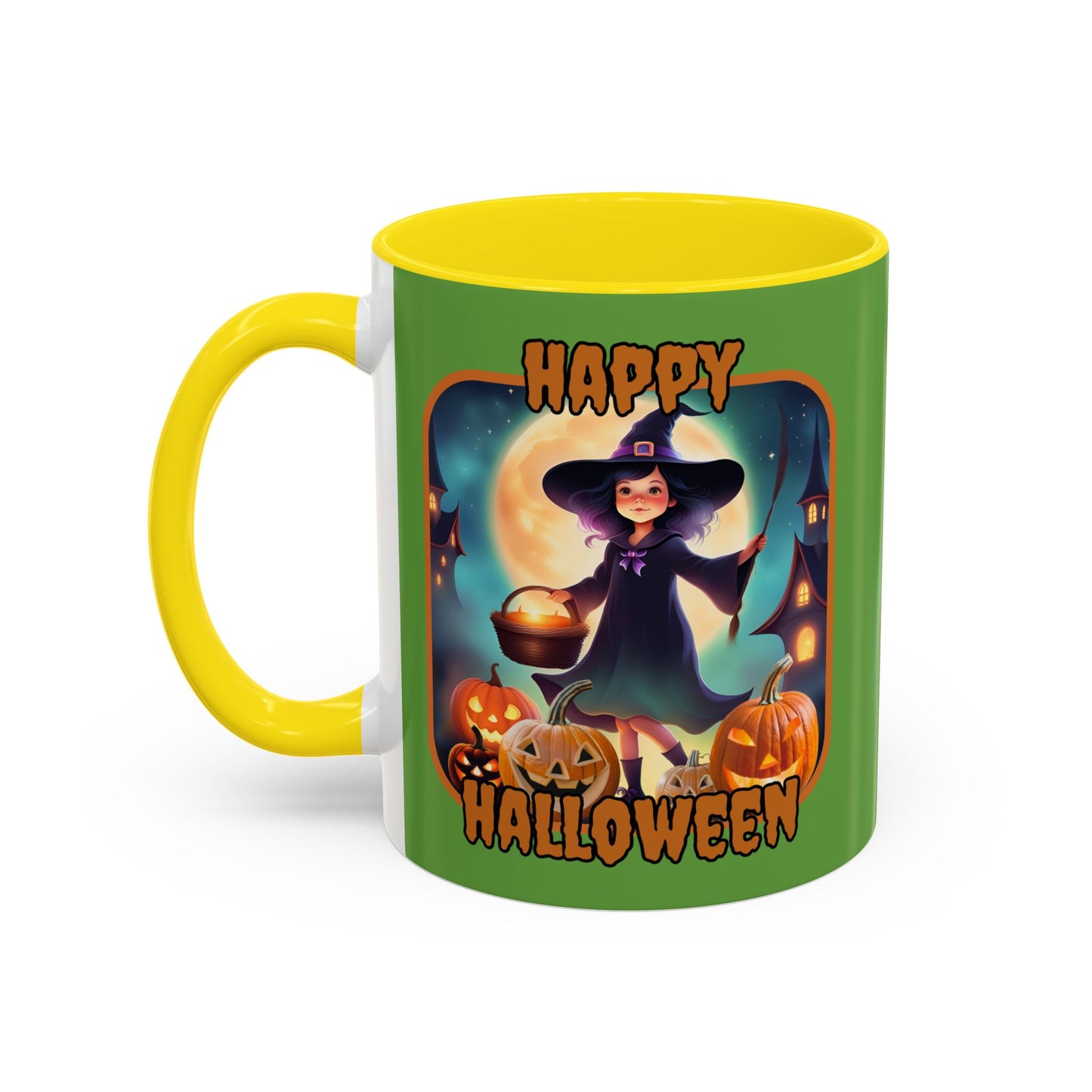 Happy Halloween Little Witch Orange font Green Accent Mug by CreepyCrafts.boo