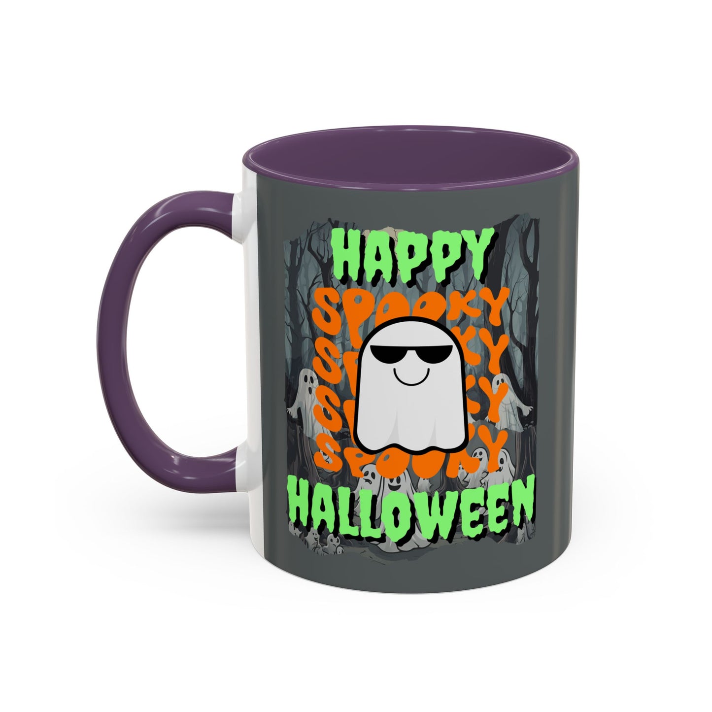 Spooky Happy Halloween Ghost Green font Grey Accent Mug by CreepyCrafts.boo