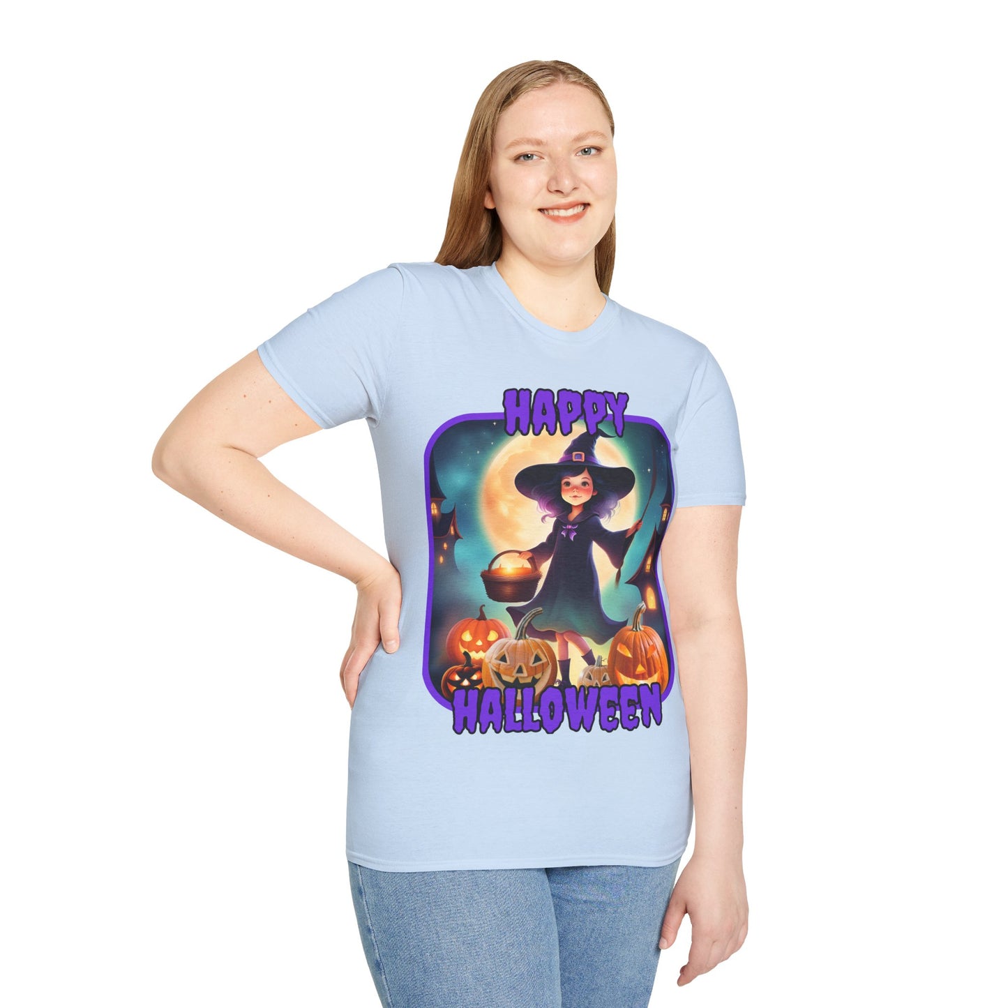 Happy Halloween Little Witch Purple font, Light colors, Unisex T-Shirt by CreepyCrafts.boo