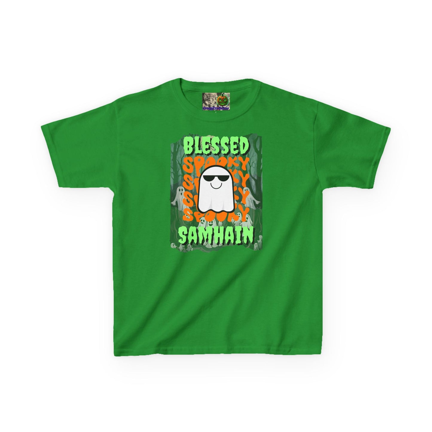Spooky Blessed Samhain Ghost Green font Kids Heavy Cotton™ Tee by CreepyCrafts.boo