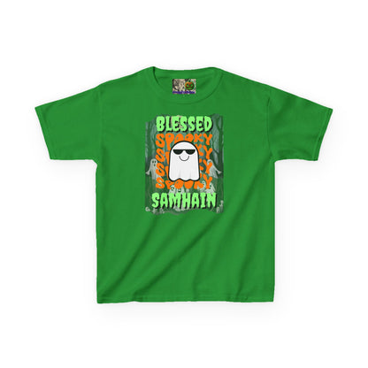 Spooky Blessed Samhain Ghost Green font Kids Heavy Cotton™ Tee by CreepyCrafts.boo