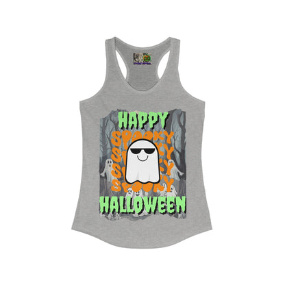 Spooky Happy Halloween Ghost Green font Women's Racerback Tank Top by CreepyCrafts.boo