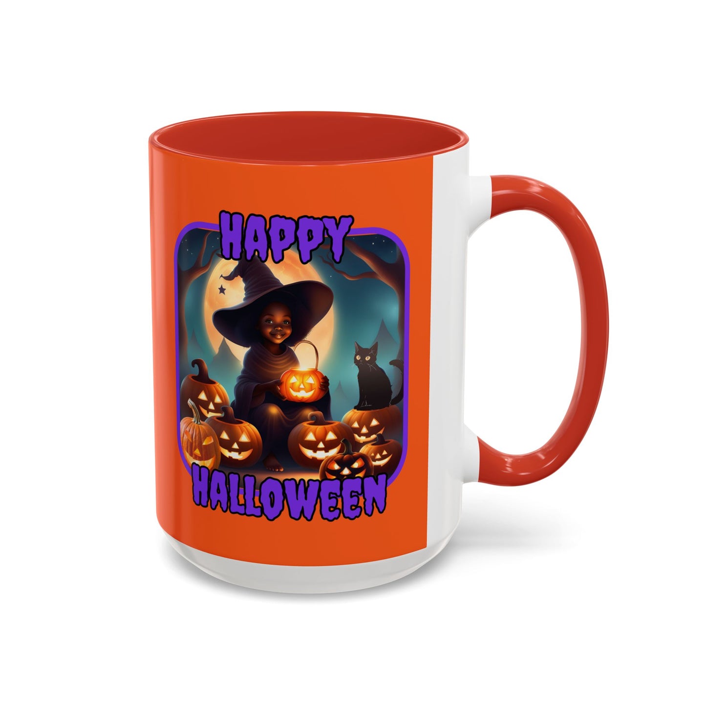 Happy Halloween Cute Witch Purple font Orange Accent Mug by CreepyCrafts.boo