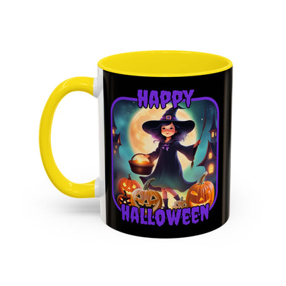 Happy Halloween Little Witch Purple font Black Accent Mug by CreepyCrafts.boo