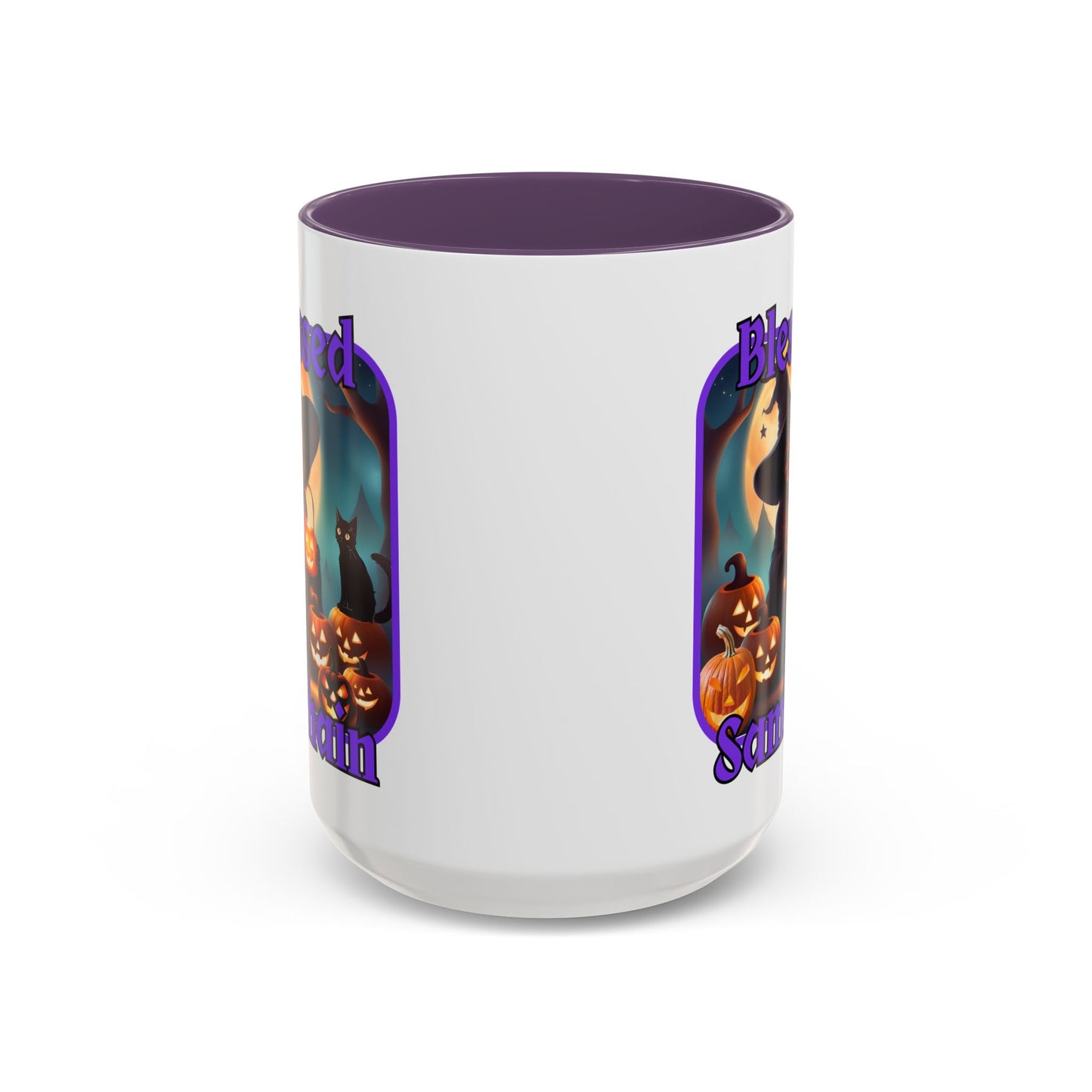Blessed Samhain Cute Witch Purple font White Accent Mug by CreepyCrafts.boo